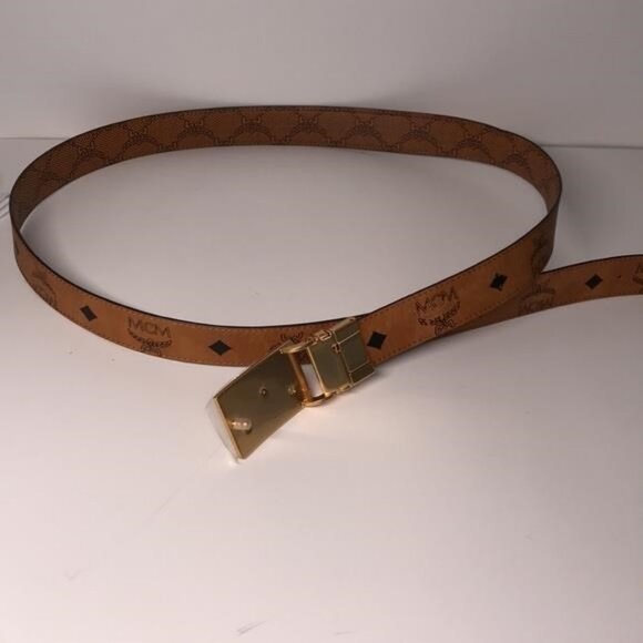 New Authentic MCM Garland Plaque Buckle Print Belt in 24K Gold Plating - Picture 3 of 12